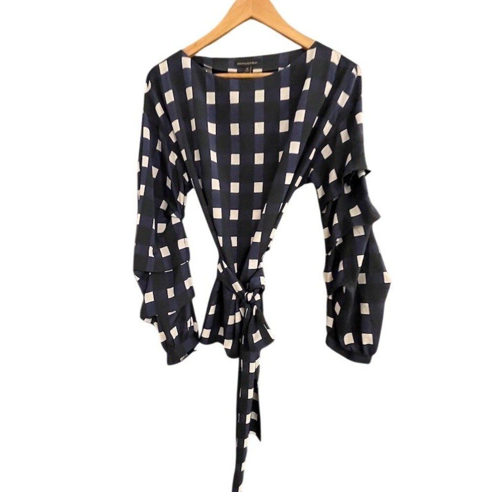 Banana Republic Blouse Womens M Blue & White Check Wrap Tie Waist Ruffle